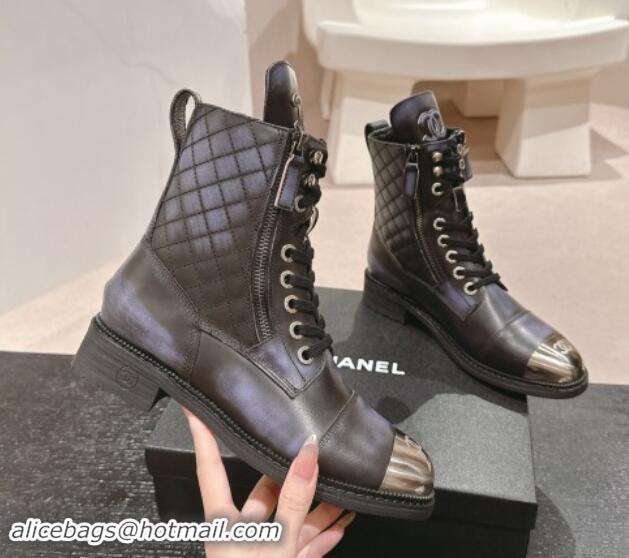 Unique Style Chanel Bleached Calfskin Lace-up Ankle Boots Black 1016043