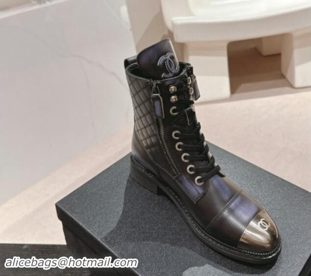 Unique Style Chanel Bleached Calfskin Lace-up Ankle Boots Black 1016043