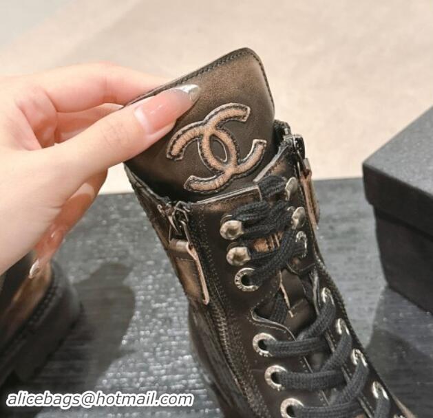 Good Quality Chanel Bleached Calfskin Lace-up Ankle Boots Brown 1016044