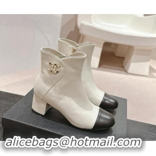 Durable Chanel Calfskin Ankle Boots with Stone CC White 1016045