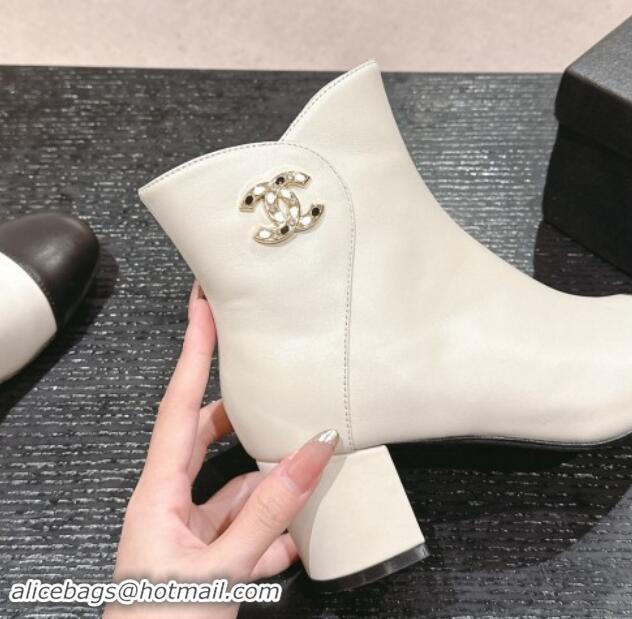 Durable Chanel Calfskin Ankle Boots with Stone CC White 1016045