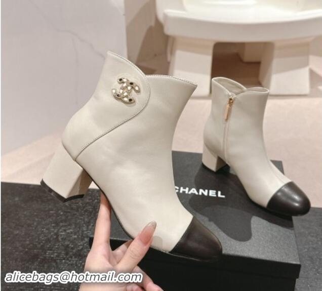 Durable Chanel Calfskin Ankle Boots with Stone CC White 1016045