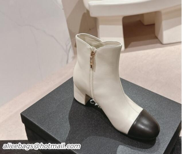 Durable Chanel Calfskin Ankle Boots with Stone CC White 1016045