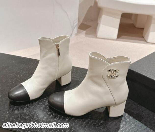 Durable Chanel Calfskin Ankle Boots with Stone CC White 1016045