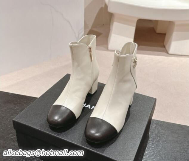 Durable Chanel Calfskin Ankle Boots with Stone CC White 1016045