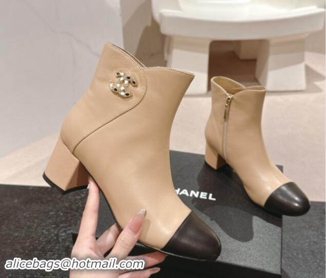 Most Popular Chanel Calfskin Ankle Boots with Stone CC Beige 1016046