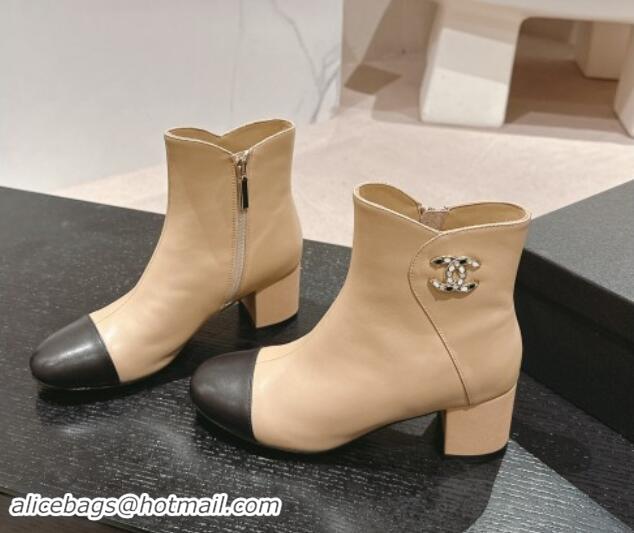 Most Popular Chanel Calfskin Ankle Boots with Stone CC Beige 1016046