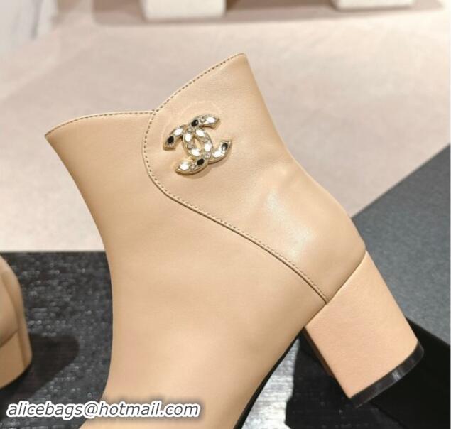 Most Popular Chanel Calfskin Ankle Boots with Stone CC Beige 1016046