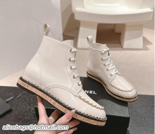 Shop Duplicate Chanel Calfskin Wood lace-up Ankle Boots with Chain White 1016048