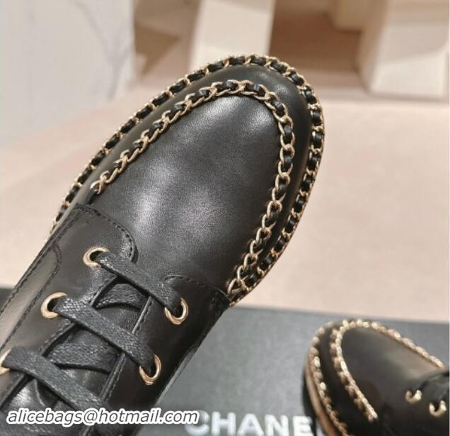 Luxury Chanel Calfskin Wood lace-up Ankle Boots with Chain Black 1016050