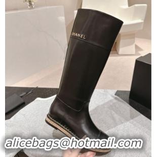 Popular Style Chanel Calfskin Wood High Boots with Chain Black 1016052