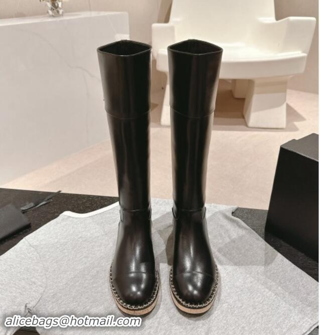 Popular Style Chanel Calfskin Wood High Boots with Chain Black 1016052