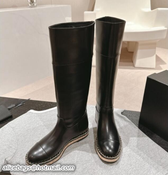 Popular Style Chanel Calfskin Wood High Boots with Chain Black 1016052