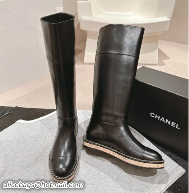 Popular Style Chanel Calfskin Wood High Boots with Chain Black 1016052