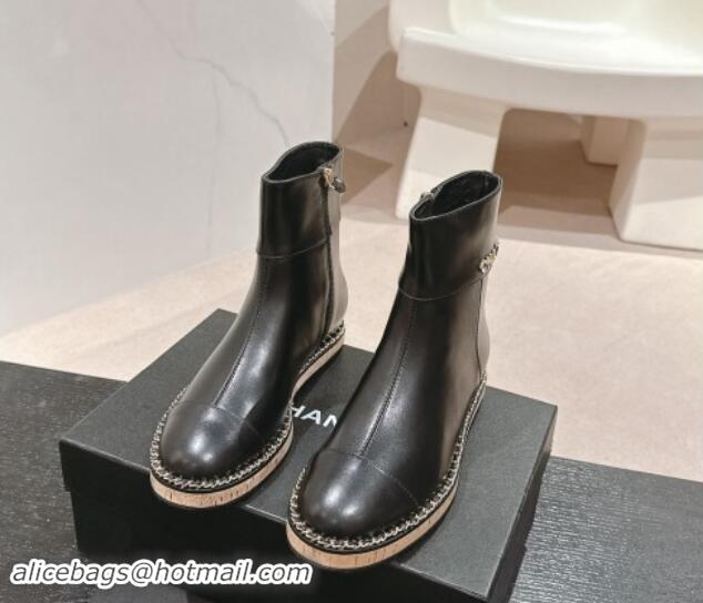 Buy Fashionable Chanel Calfskin Wood Ankle Boots with Chain Black 1016054