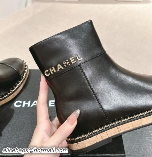 Buy Fashionable Chanel Calfskin Wood Ankle Boots with Chain Black 1016054