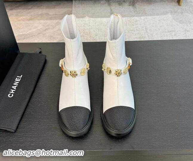 Discount Chanel Calfskin Ankle Boots with Charm Strap White 1016055