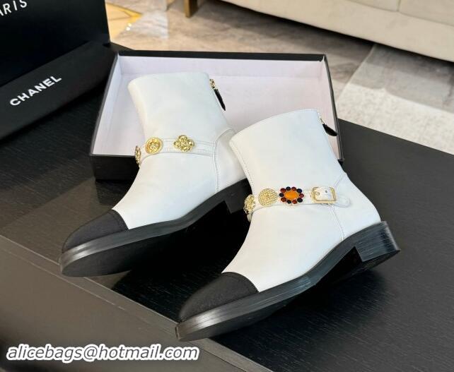 Discount Chanel Calfskin Ankle Boots with Charm Strap White 1016055