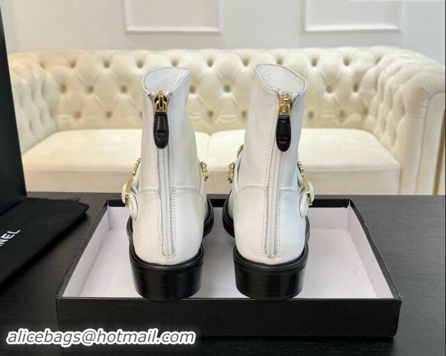 Discount Chanel Calfskin Ankle Boots with Charm Strap White 1016055