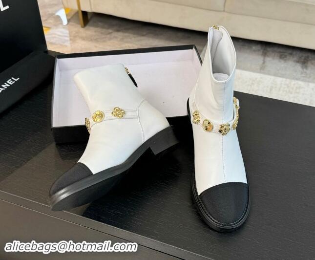 Discount Chanel Calfskin Ankle Boots with Charm Strap White 1016055