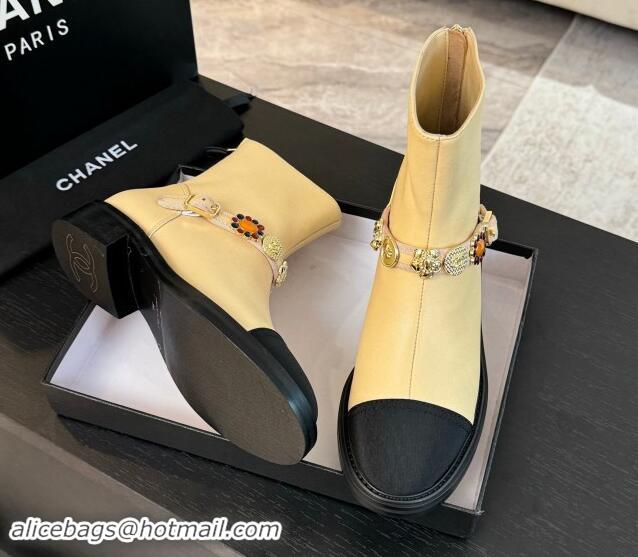 Stylish Chanel Calfskin Ankle Boots with Charm Strap Beige 1016057