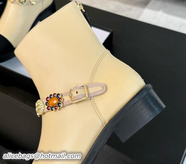 Stylish Chanel Calfskin Ankle Boots with Charm Strap Beige 1016057