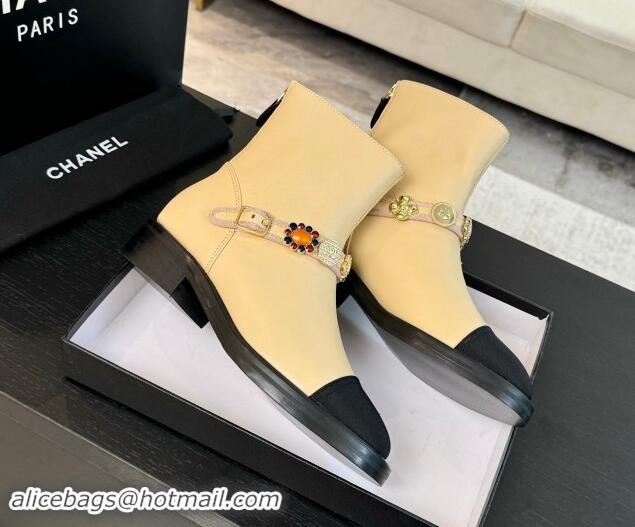 Stylish Chanel Calfskin Ankle Boots with Charm Strap Beige 1016057