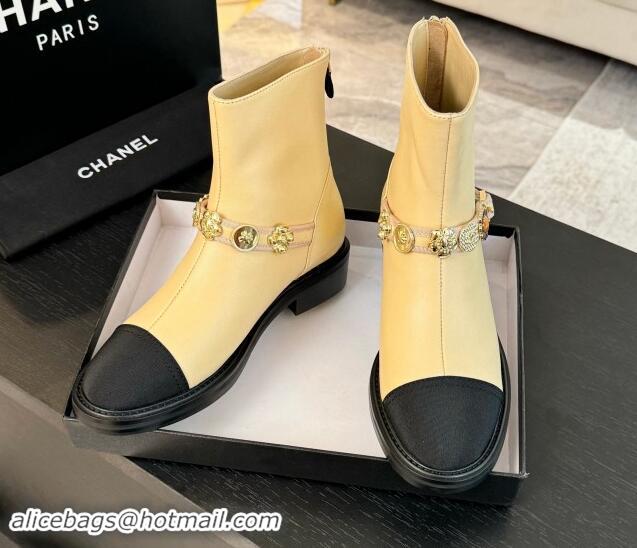 Stylish Chanel Calfskin Ankle Boots with Charm Strap Beige 1016057