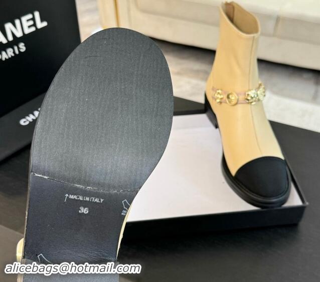 Stylish Chanel Calfskin Ankle Boots with Charm Strap Beige 1016057