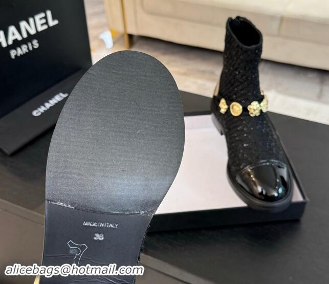 Big Enough Chanel Tweed Ankle Boots with Charm Strap Black 1016058