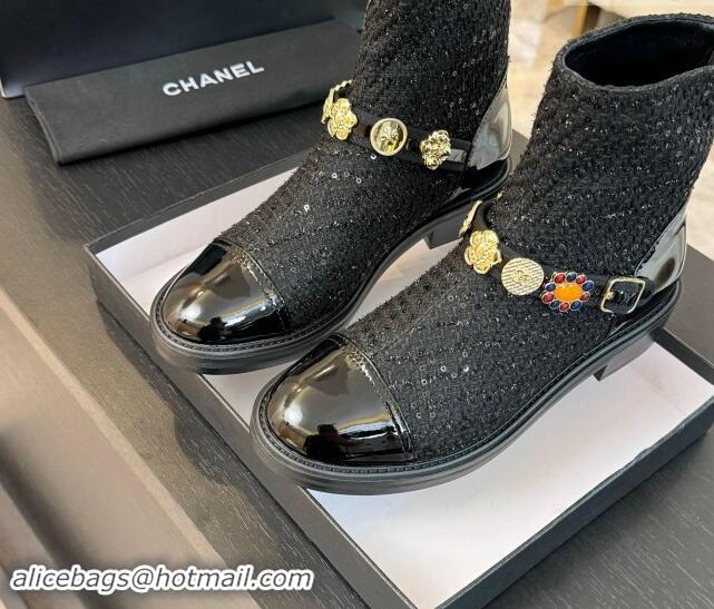 Big Enough Chanel Tweed Ankle Boots with Charm Strap Black 1016058