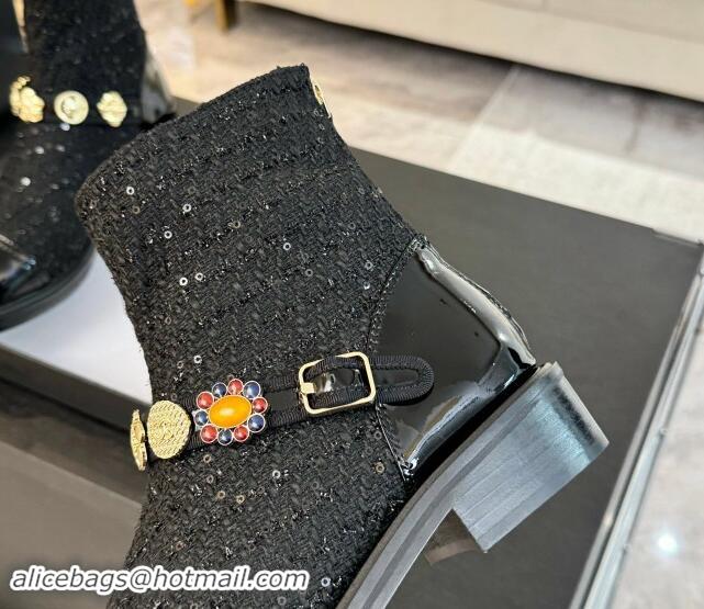 Big Enough Chanel Tweed Ankle Boots with Charm Strap Black 1016058