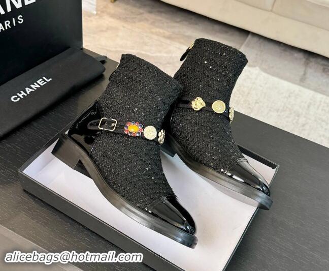 Big Enough Chanel Tweed Ankle Boots with Charm Strap Black 1016058