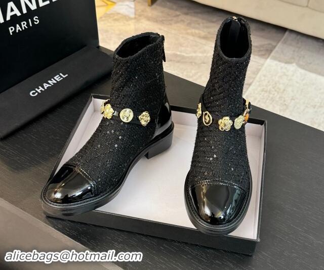 Big Enough Chanel Tweed Ankle Boots with Charm Strap Black 1016058