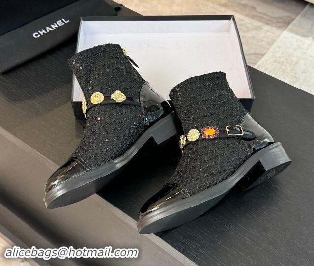 Big Enough Chanel Tweed Ankle Boots with Charm Strap Black 1016058