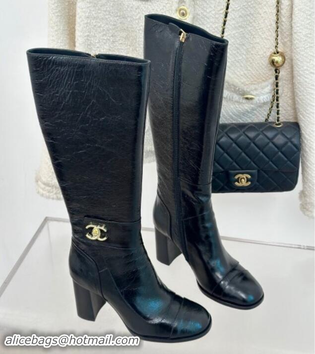 Perfect Chanel Calfskin High Boots 8cm with CC Strap Black 1016059