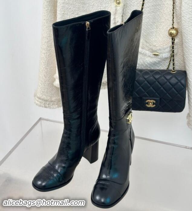 Perfect Chanel Calfskin High Boots 8cm with CC Strap Black 1016059