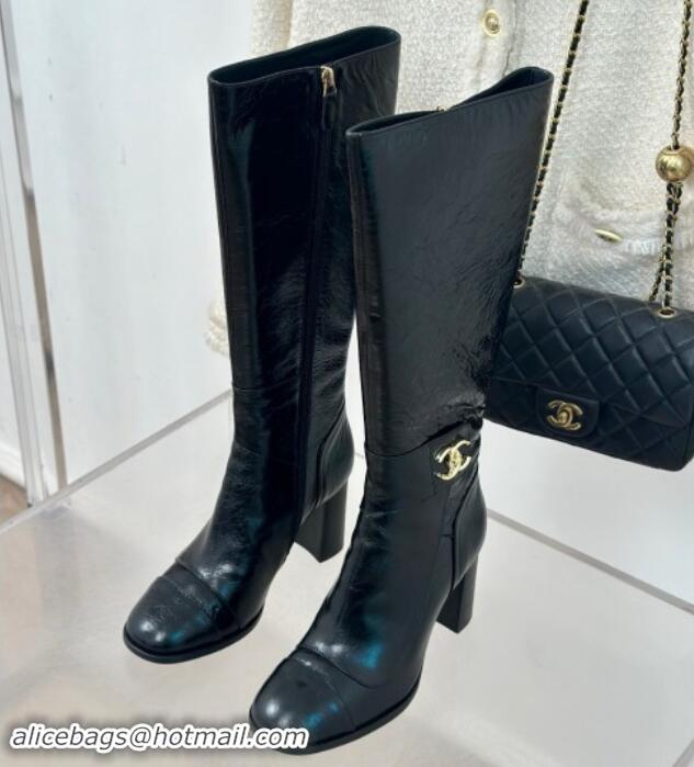 Perfect Chanel Calfskin High Boots 8cm with CC Strap Black 1016059