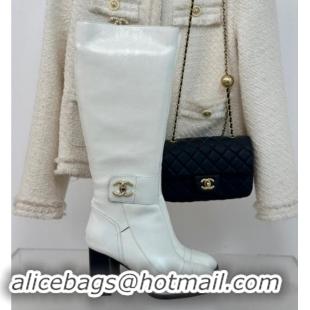 Classic Hot Chanel Calfskin High Boots 8cm with CC Strap White 1016060