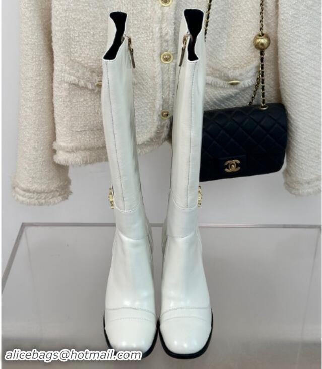 Classic Hot Chanel Calfskin High Boots 8cm with CC Strap White 1016060