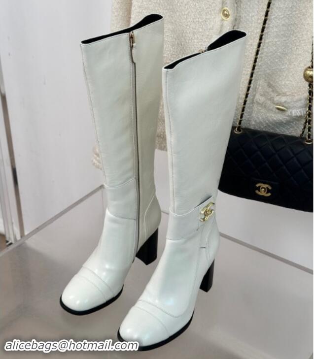 Classic Hot Chanel Calfskin High Boots 8cm with CC Strap White 1016060