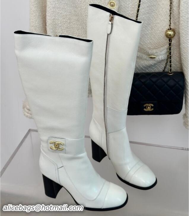 Classic Hot Chanel Calfskin High Boots 8cm with CC Strap White 1016060