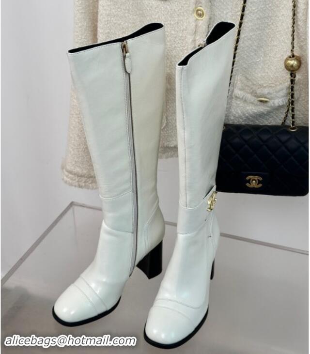 Classic Hot Chanel Calfskin High Boots 8cm with CC Strap White 1016060