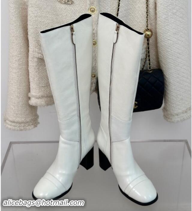 Classic Hot Chanel Calfskin High Boots 8cm with CC Strap White 1016060