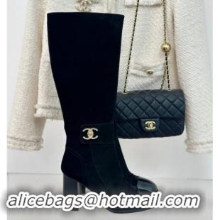 Good Quality Chanel Suede High Boots 8cm with CC Strap Black 1016061