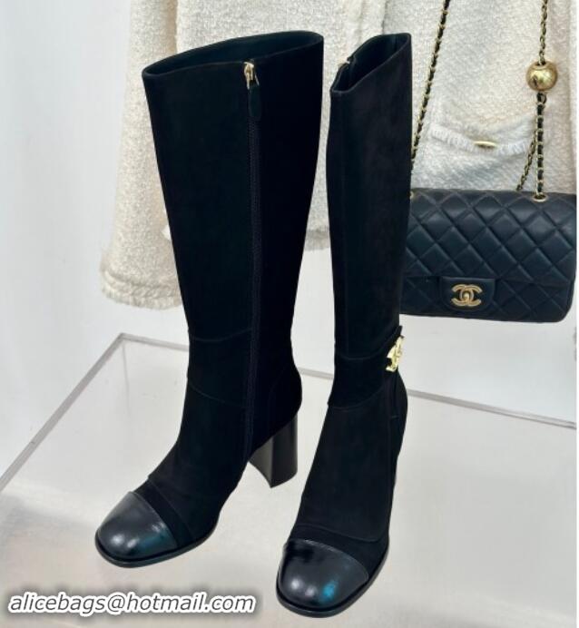 Good Quality Chanel Suede High Boots 8cm with CC Strap Black 1016061