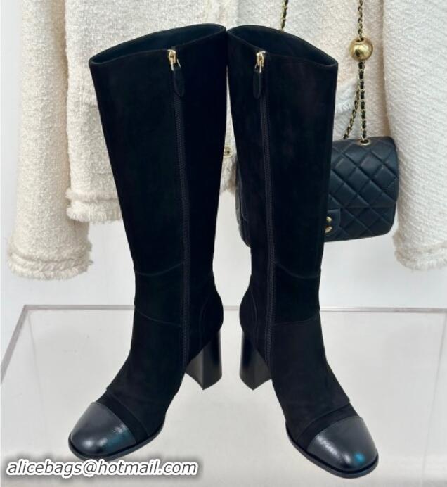 Good Quality Chanel Suede High Boots 8cm with CC Strap Black 1016061