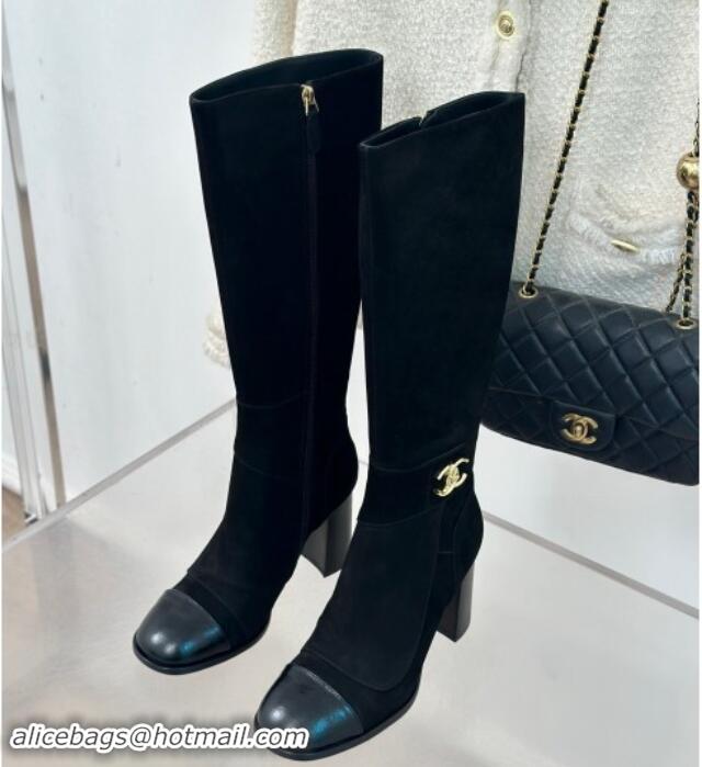 Good Quality Chanel Suede High Boots 8cm with CC Strap Black 1016061