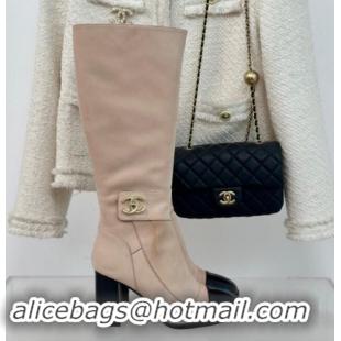 Grade Quality Chanel Suede High Boots 8cm with CC Strap Nude 016062