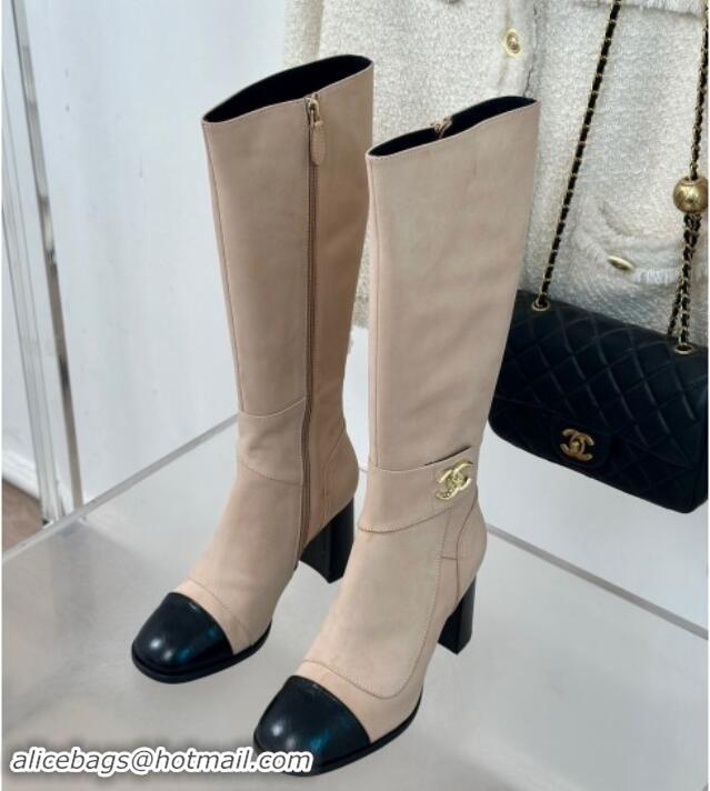 Grade Quality Chanel Suede High Boots 8cm with CC Strap Nude 016062